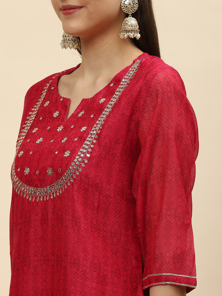 Gota Work &amp; Printed Chanderi Kurta With Pants
