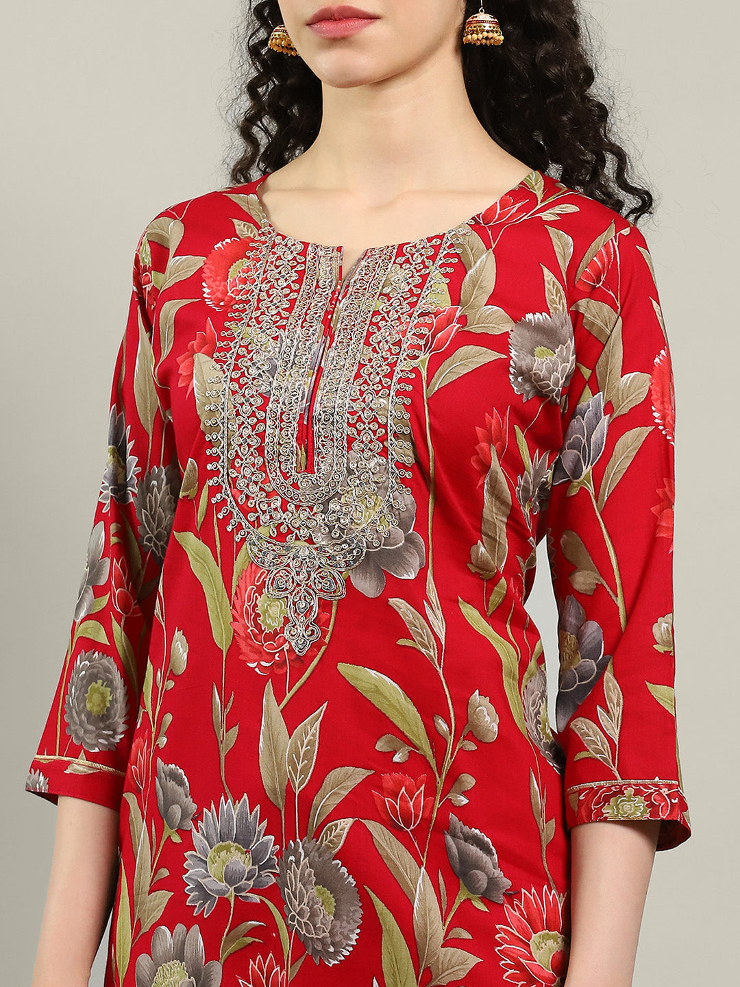 Neck Embroidered Cotton Blend Kurta With Pants