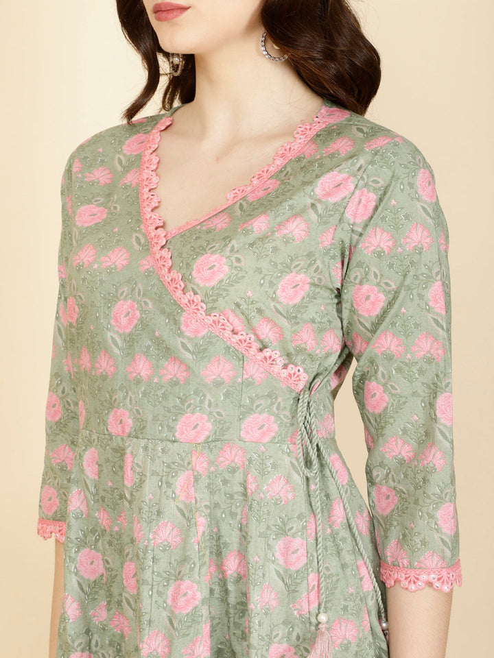 Floral Printed Cotton Anarkali Kurta With Pants