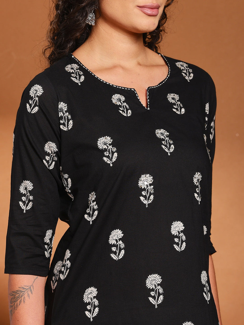 Black Cotton Blend Printed A Line Suit Set