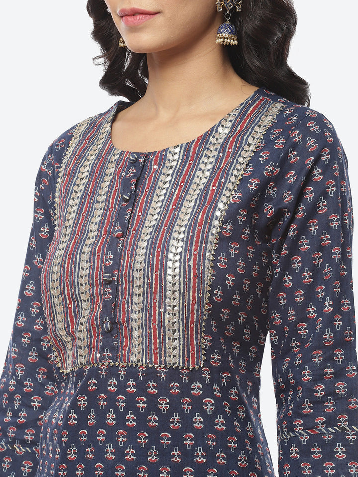 Printed Gota Work Cotton Kurti With Pant