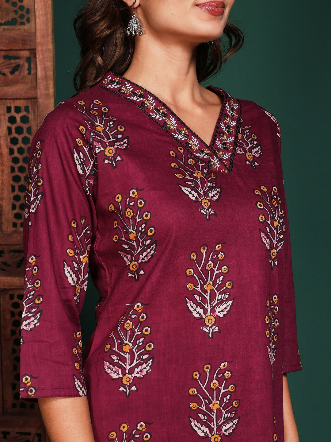 Floral Printed Cotton Blend Kurta With Pant &amp; Dupatta