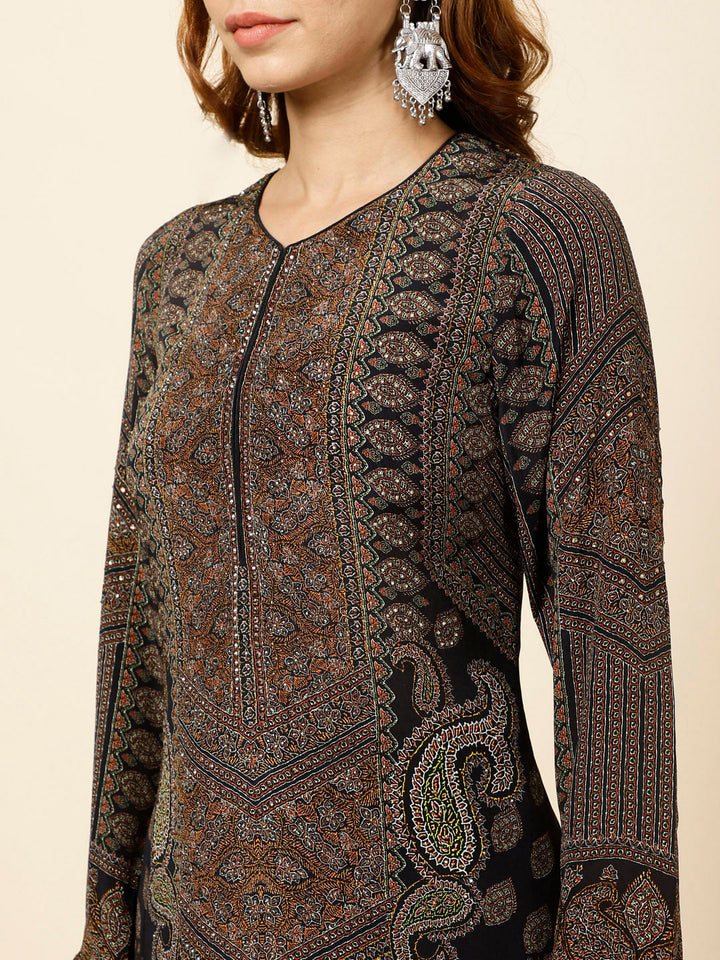 Digital Printed Crepe Kurta With Palazzo &amp; Dupatta