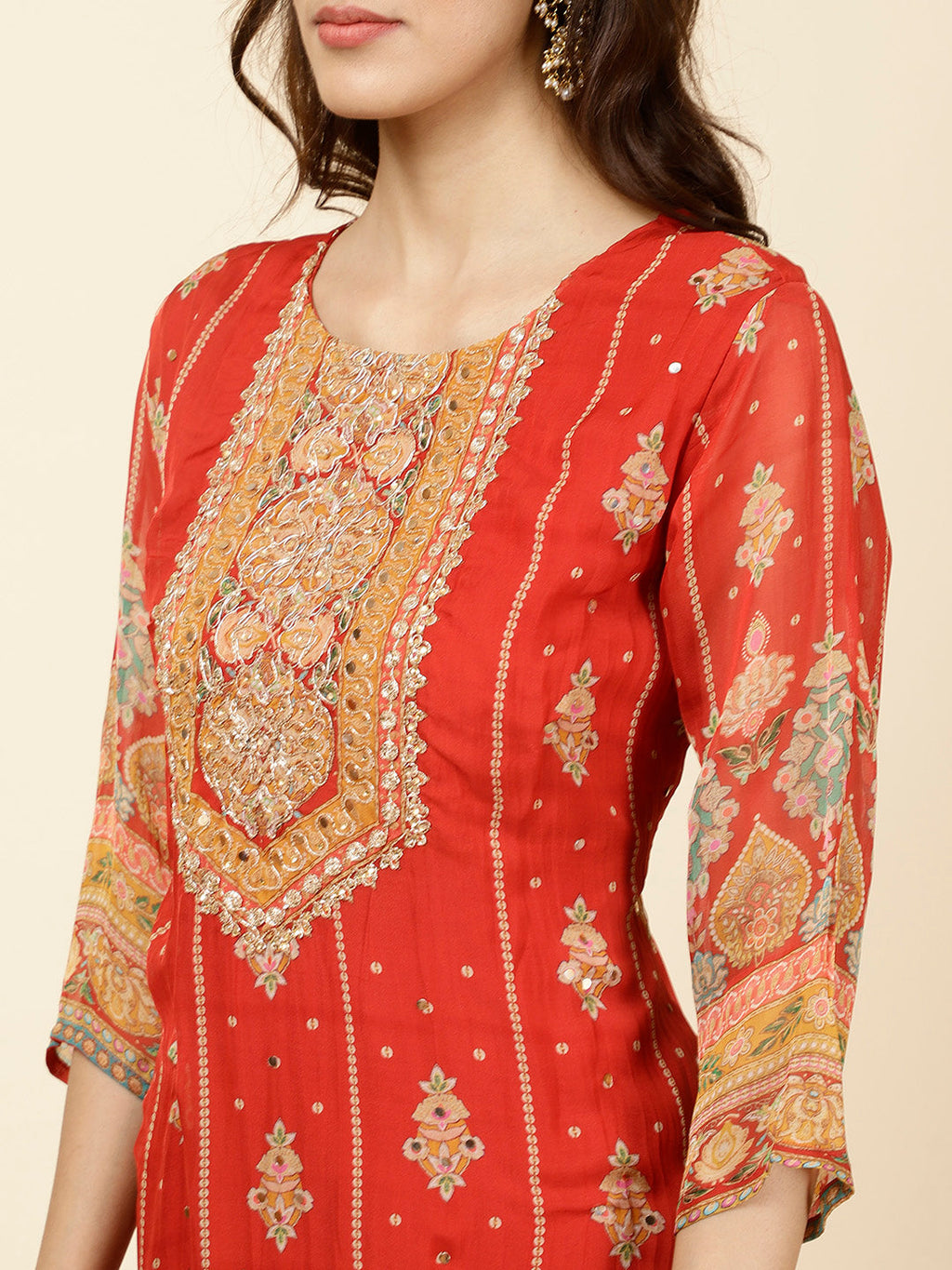 Floral Printed Georgette Kurta With Pants & Dupatta
