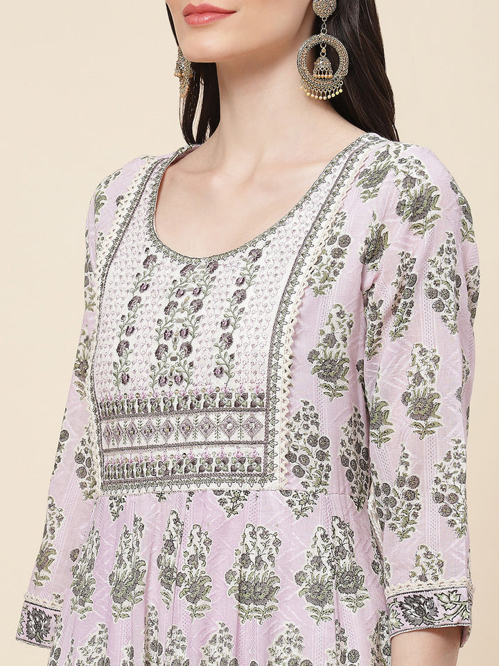 Floral Printed Cotton Kurta With Pants &amp; Dupatta