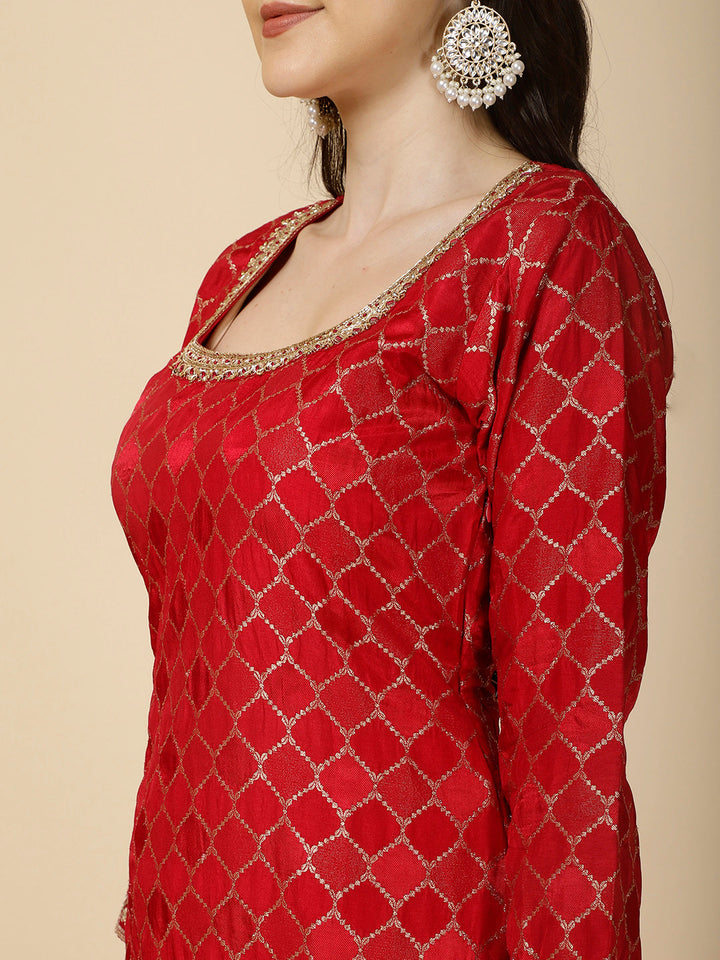 Zari Jaal Embroidery Handloom Suit Set With Dupatta &amp; Palazzo