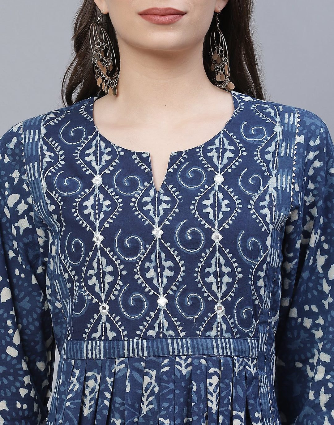 Indigo Cotton Printed A-Line Kurti
