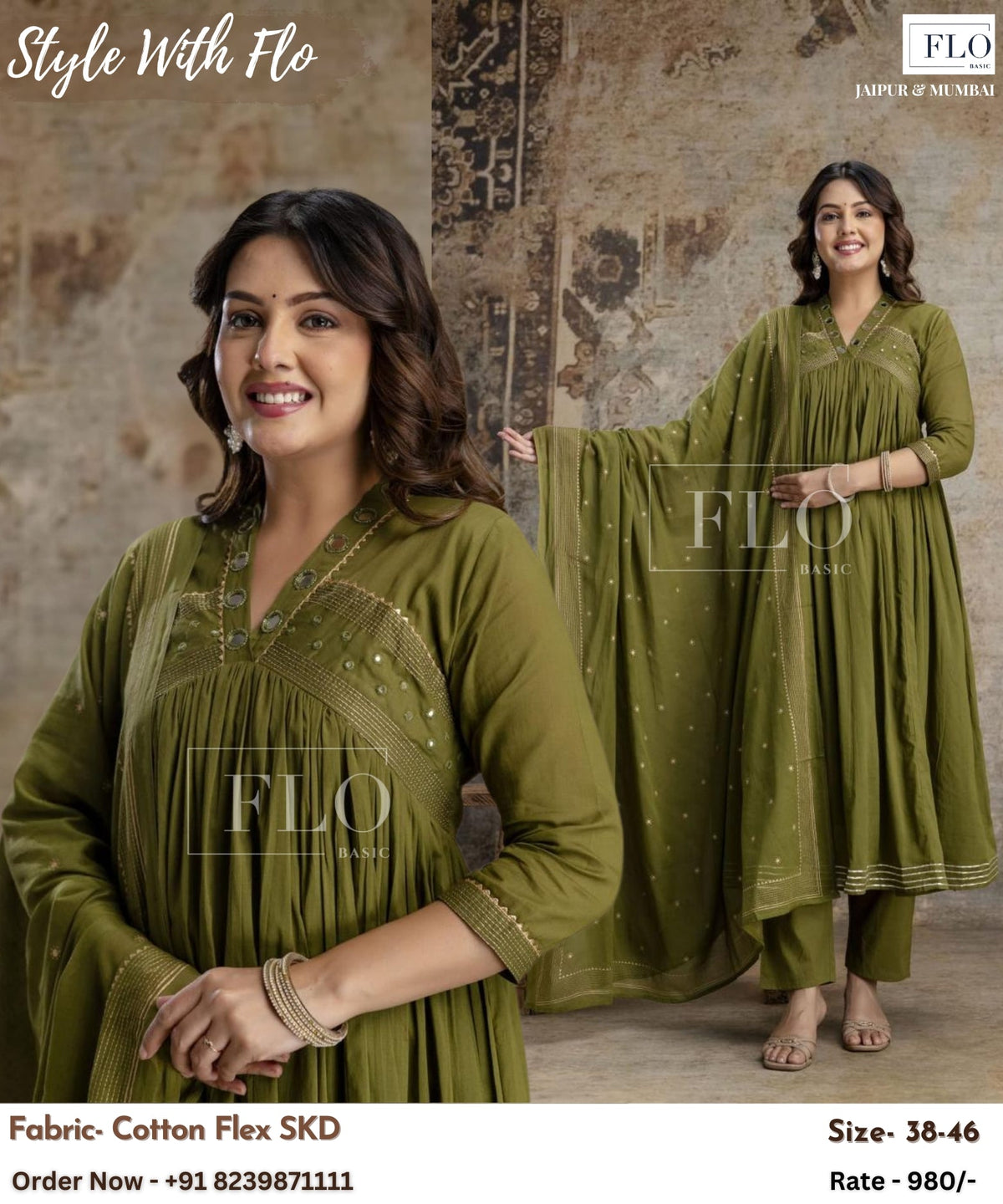 Green Cotton Blend Embroidered Straight Suit Set
