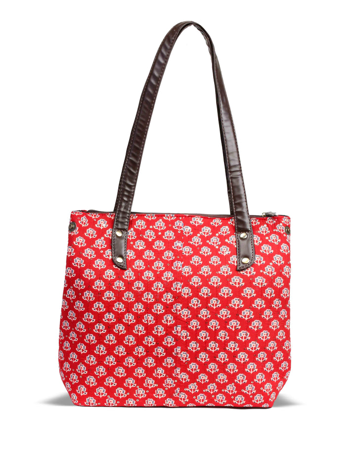 Maroon &amp; Grey Cotton Handbag With Pouch