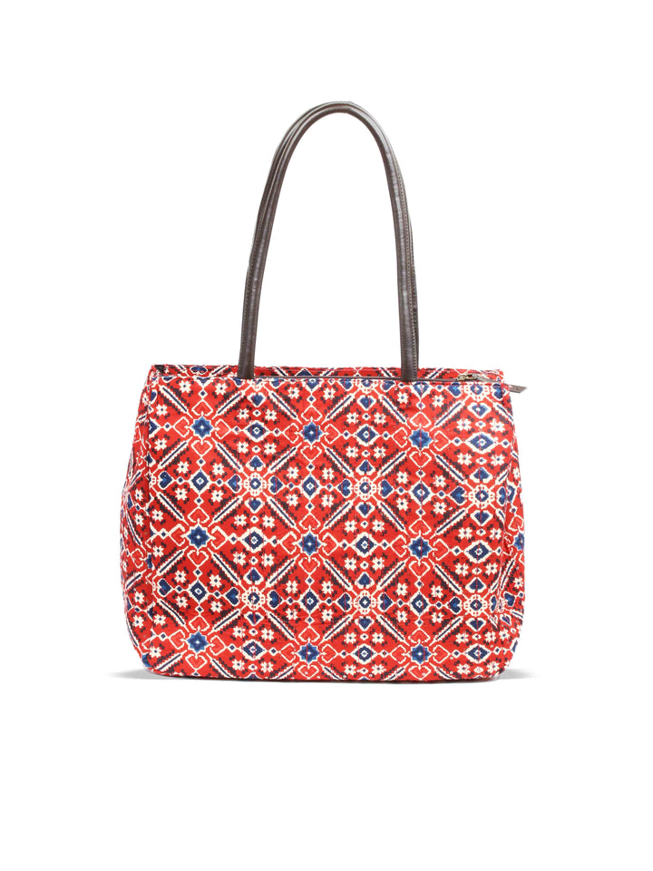 Maroon &amp; Navy Blue Printed Cotton Handbag With Pouch