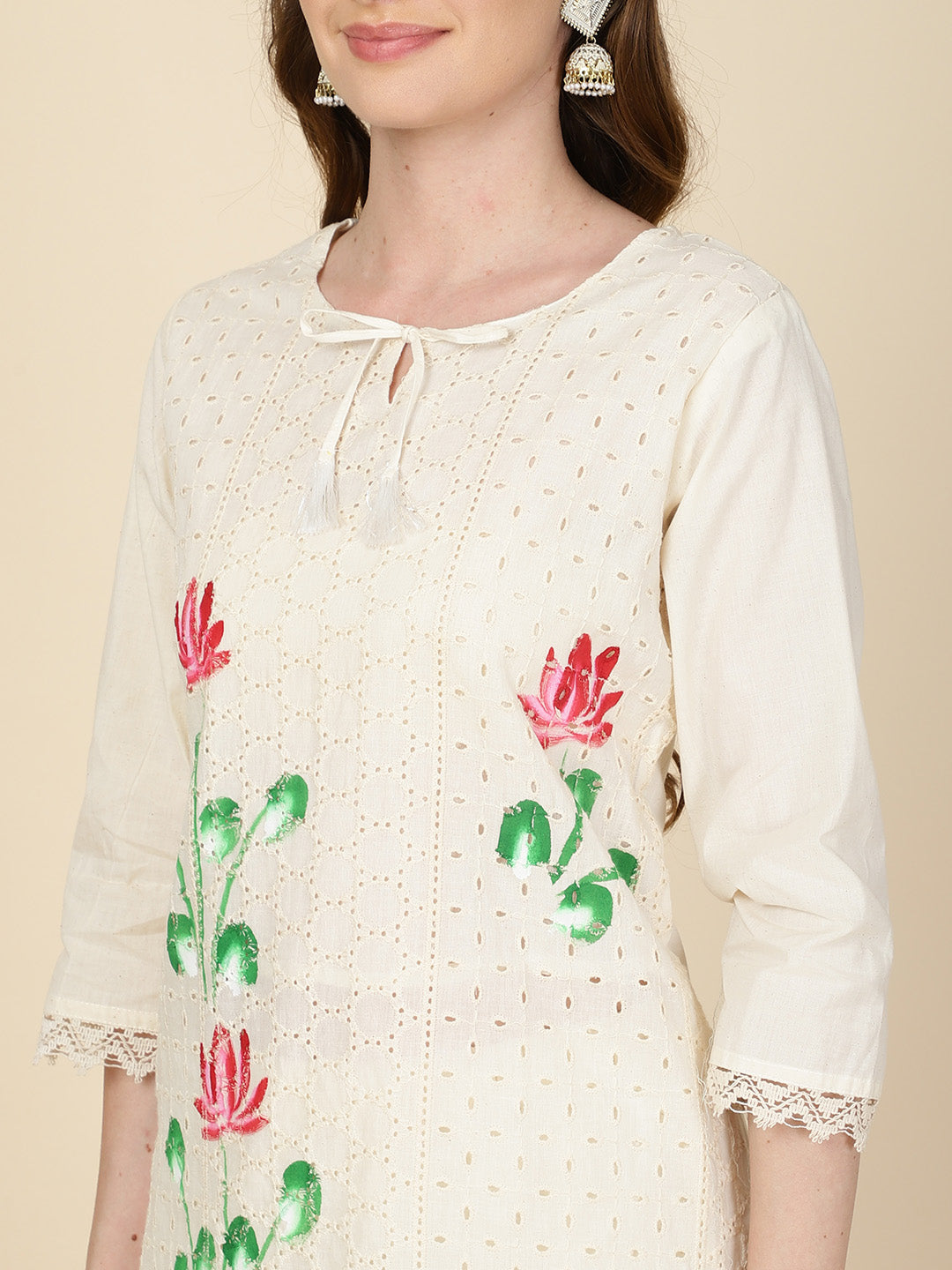Floral Printed Cotton Kurta With Pants &amp; Dupatta