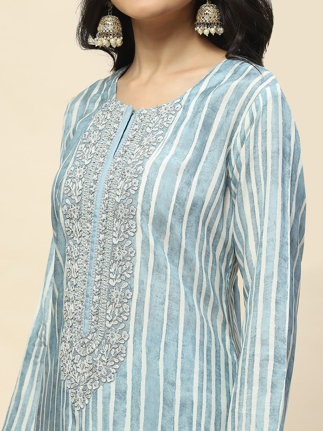 Neck Embroidered Printed Cotton Straight Kurta With Palazzo