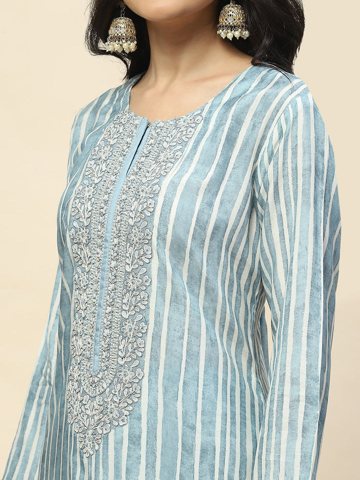 Neck Embroidered Printed Cotton Straight Kurta With Palazzo