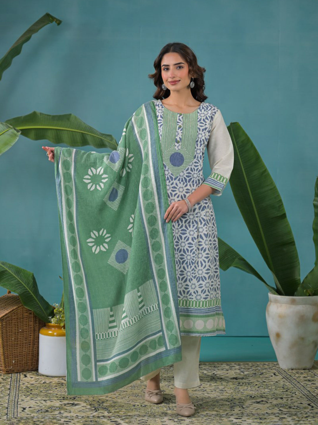 Cream Cotton Blend Printed Straight Suit Set