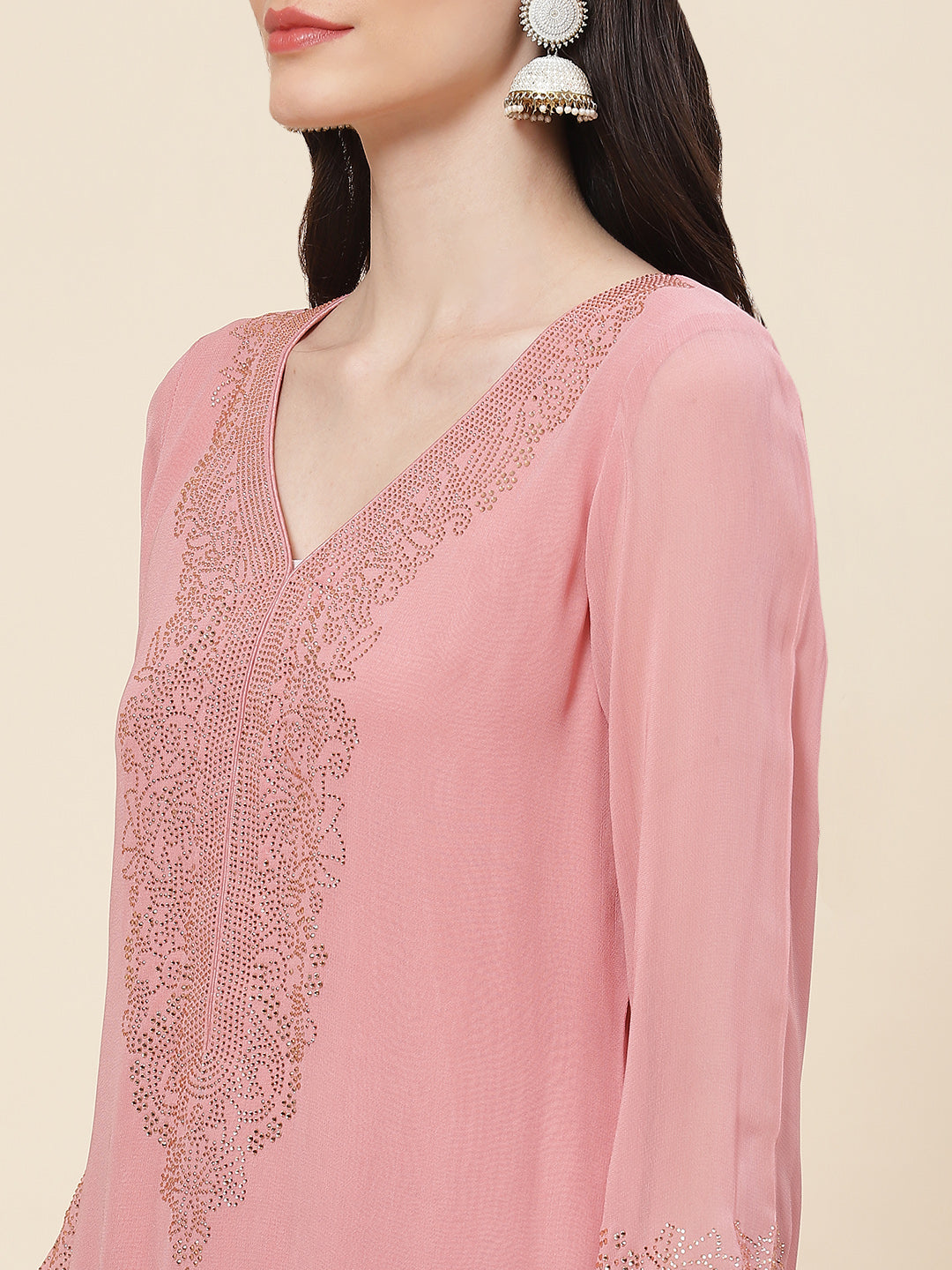 Neck Embellished Georgette Kurta With Palazzo &amp; Dupatta