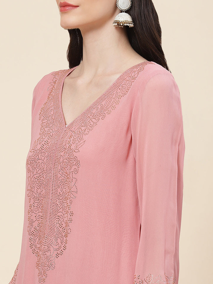 Neck Embellished Georgette Kurta With Palazzo &amp; Dupatta
