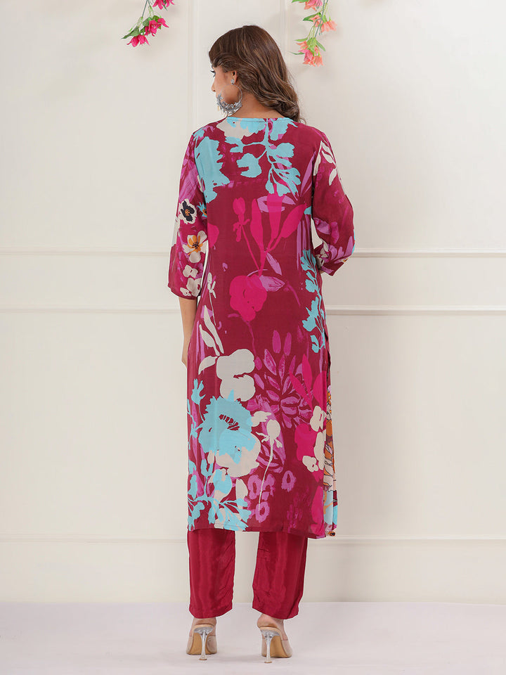 Magenta Digital Printed Muslin Straight Suit Set With Dupatta