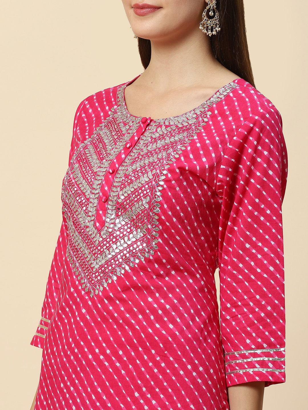 Leheriya Printed &amp; Embroidered Cotton Kurta With Sharara