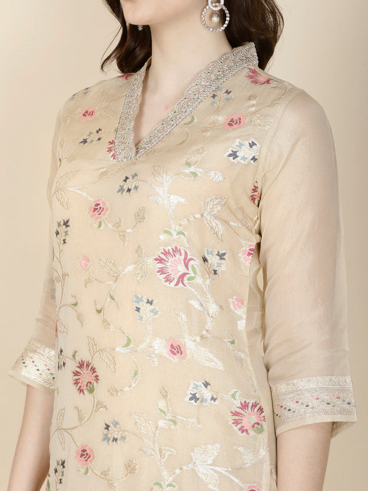 Floral Woven Tissue Kurta With Pants &amp; Dupatta