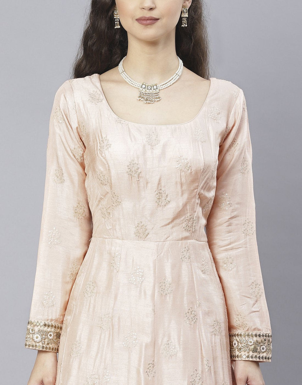 Peach, Sky Blue and Yellow Cotton Chanderi Anarkali Salwar Kameez