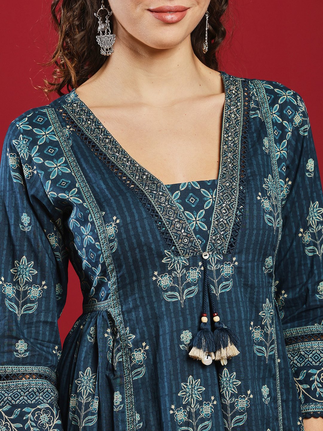Blue Cotton Blend Printed Straight Suit Set