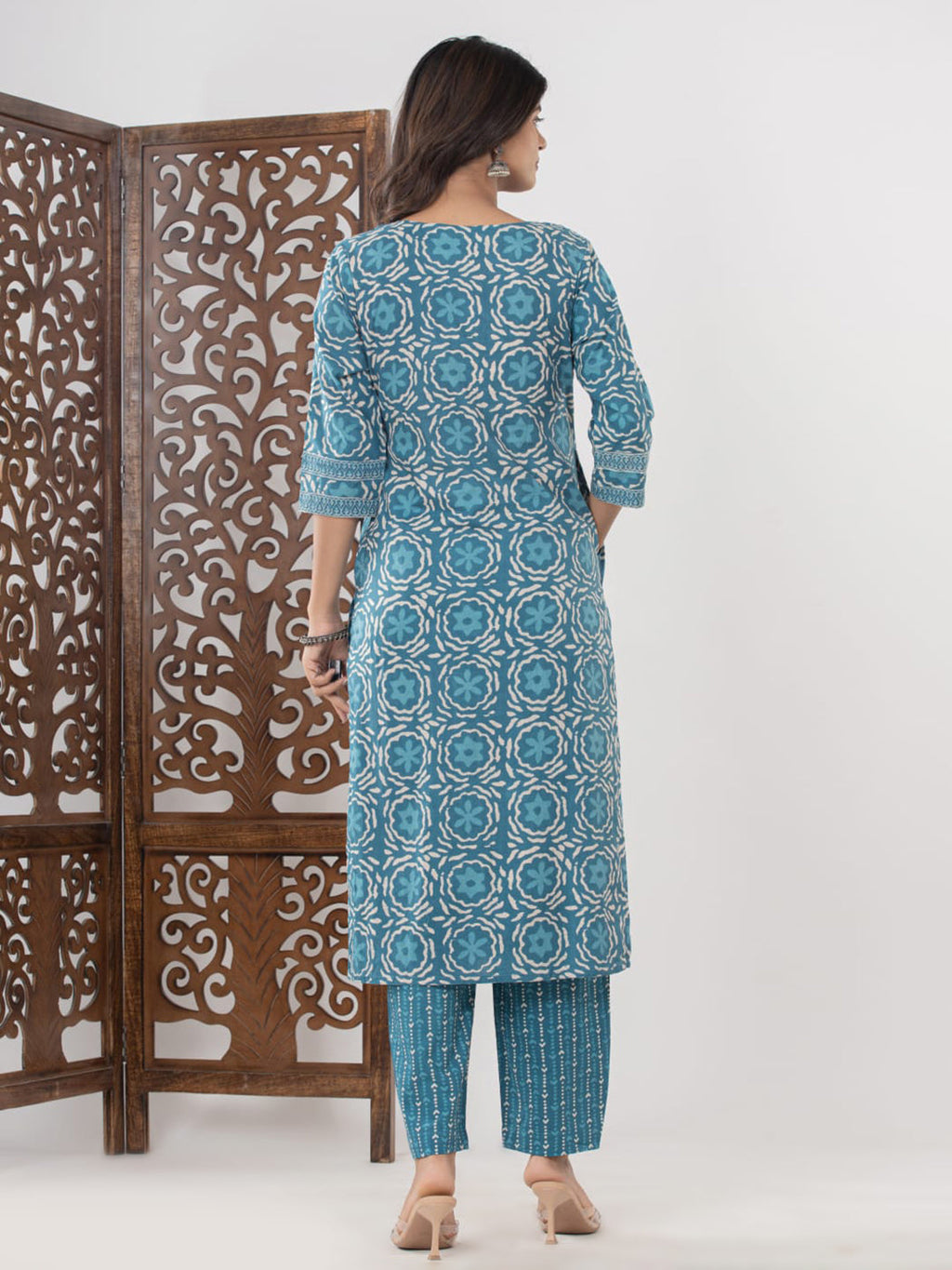 Light Blue Embroidered Cotton Blend Straight Suit Set With Dupatta