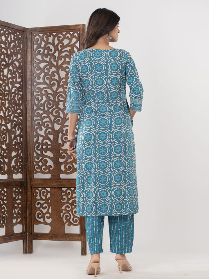 Light Blue Embroidered Cotton Blend Straight Suit Set With Dupatta