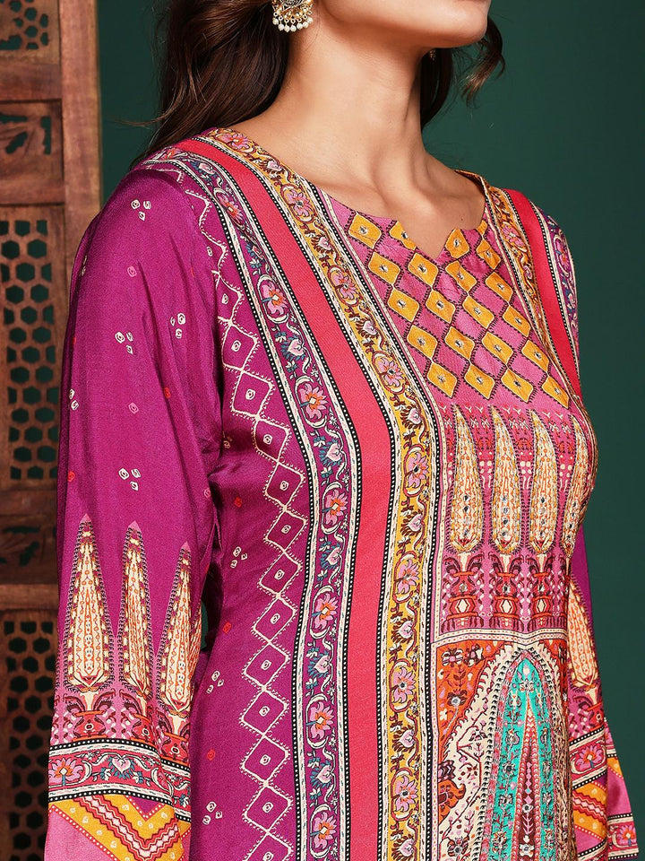 Floral Printed Art Silk Kurta With Pant &amp; Dupatta