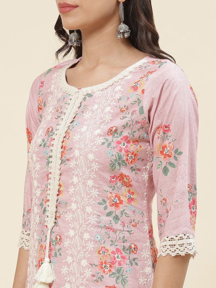 Floral Printed &amp; Embroidered Cotton Kurta With Pants &amp; Dupatta