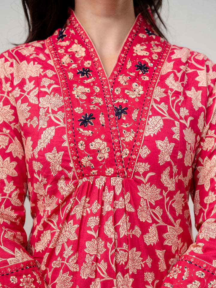 Floral Parinted Cotton Kurta With Pants &amp; Dupatta