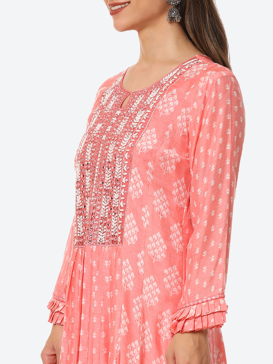 Mirror Neck Embroidered Printed Muslin Anarkali Kurta
