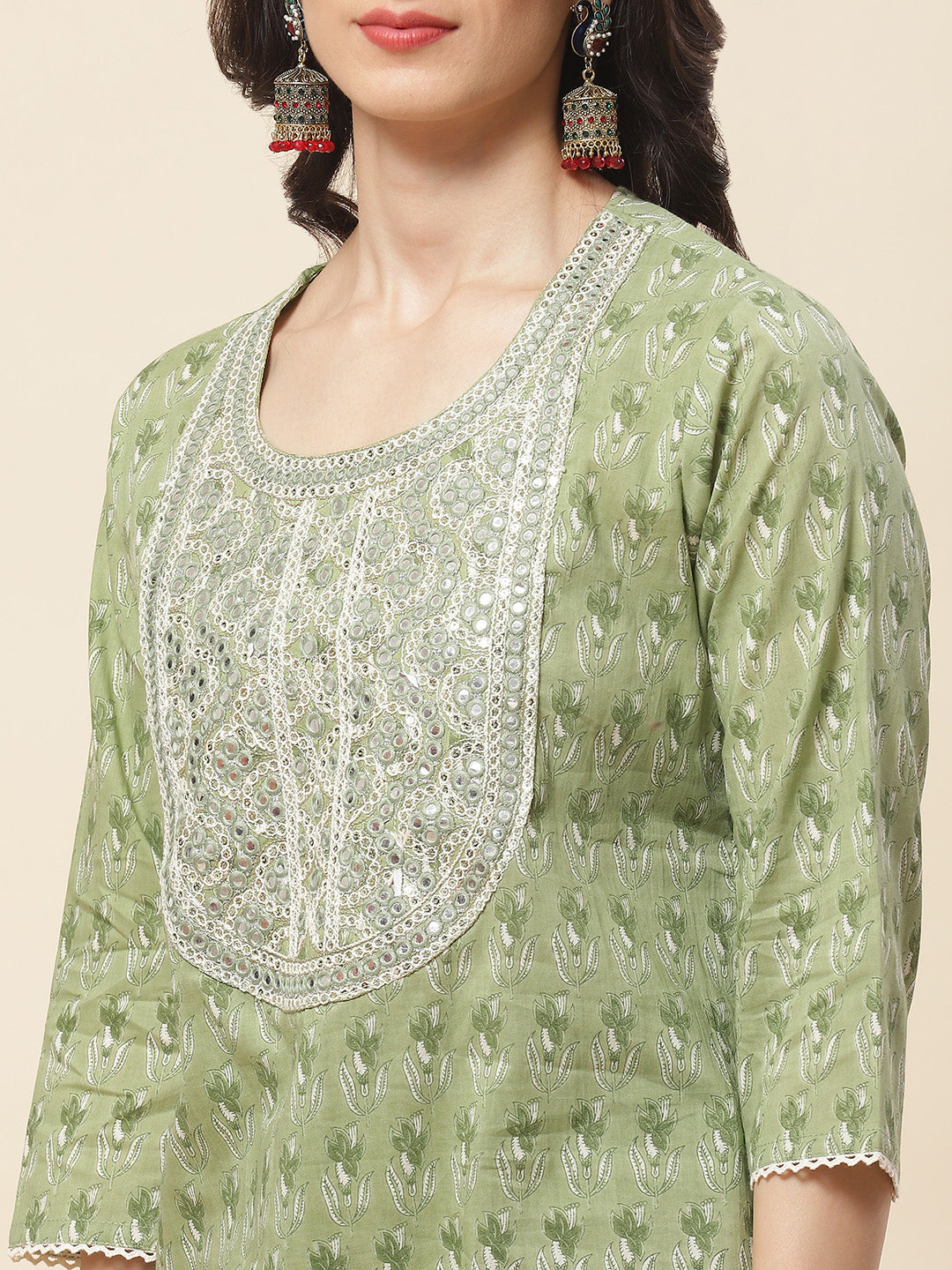 Printed  &amp; Neck Embroidered Cotton Kurta With Pants