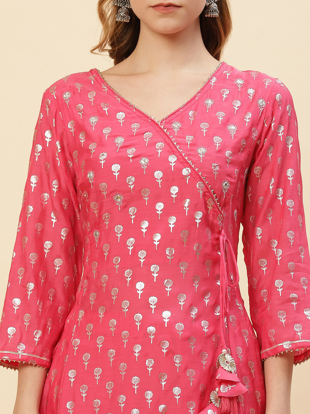 Cotton Muslin Zari Work Angrakha Kurti With Pant