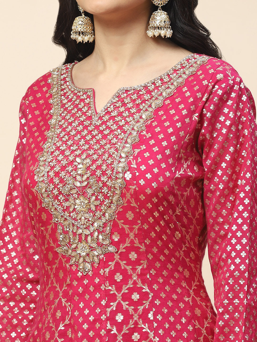 Zari Jaal Chanderi Anarkali Kurta With Churidar &amp; Dupatta
