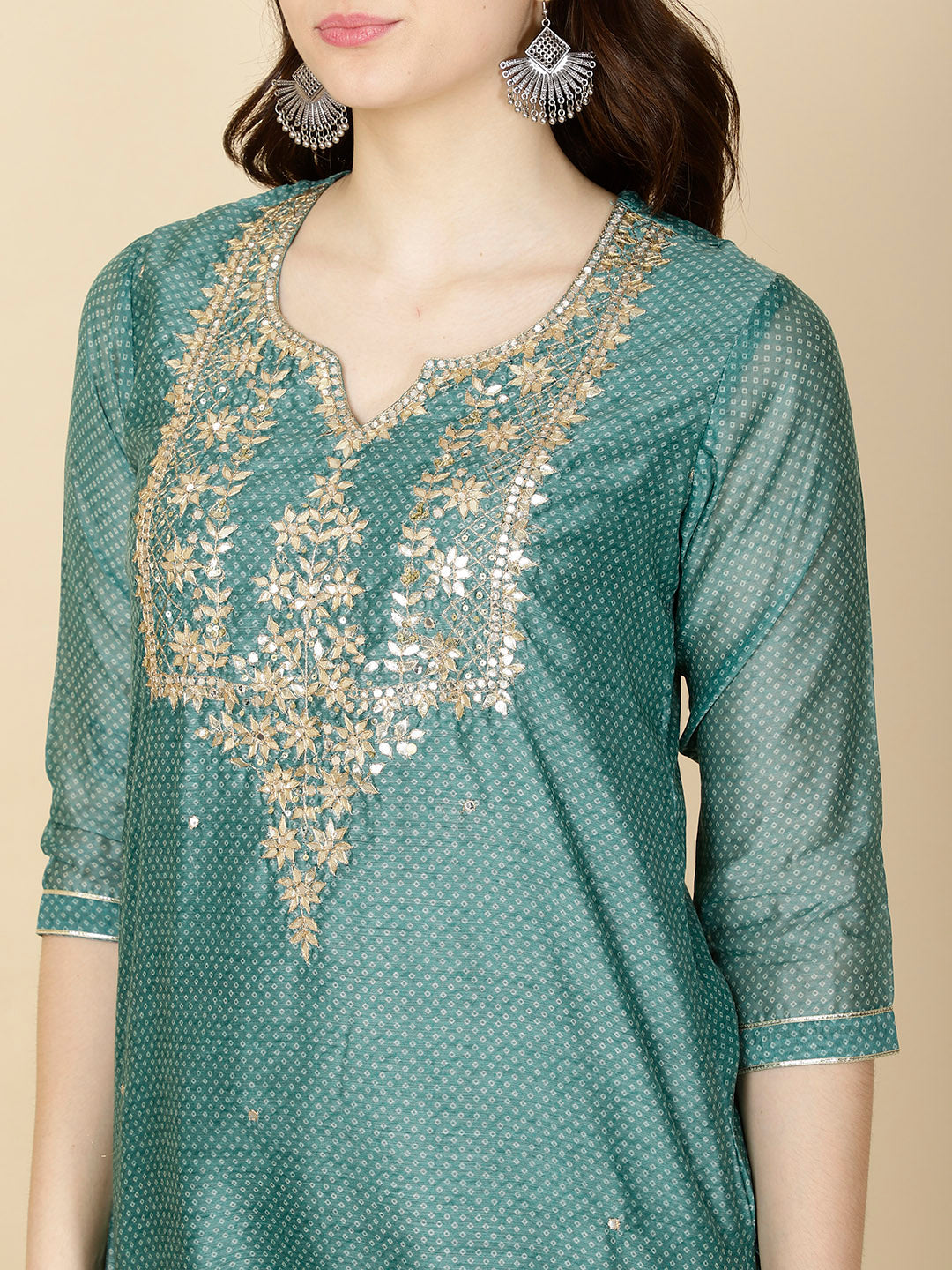 Neck Gota Patti & Printed Chanderi Kurta With Pants & Dupatta