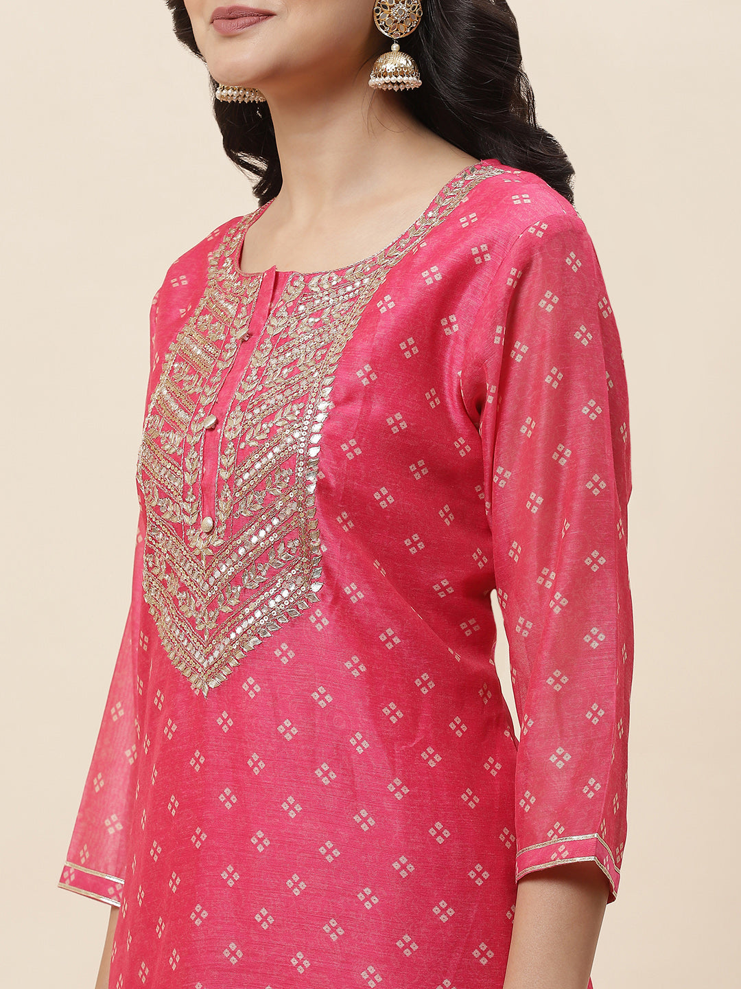Bandhani Printed Chanderi Kurta With Pants &amp; Dupatta