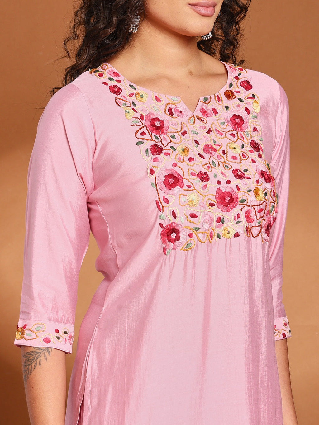 Pink Cotton Blend Embroidered A Line Suit Set