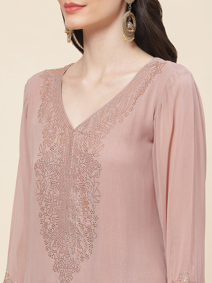 Neck Embellished Georgette Kurta With Palazzo &amp; Dupatta