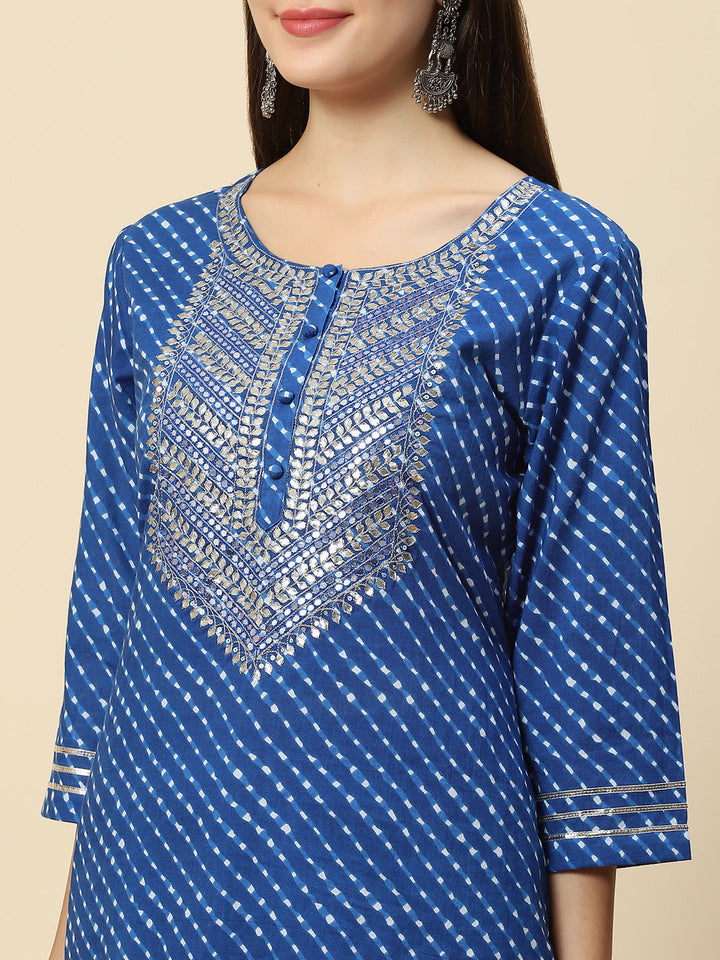 Leheriya Printed &amp; Embroidered Cotton Kurta With Sharara