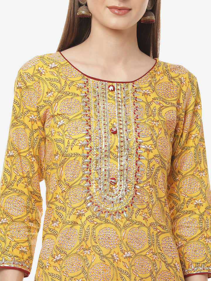 Printed Neck Embroidered Cotton Kurti