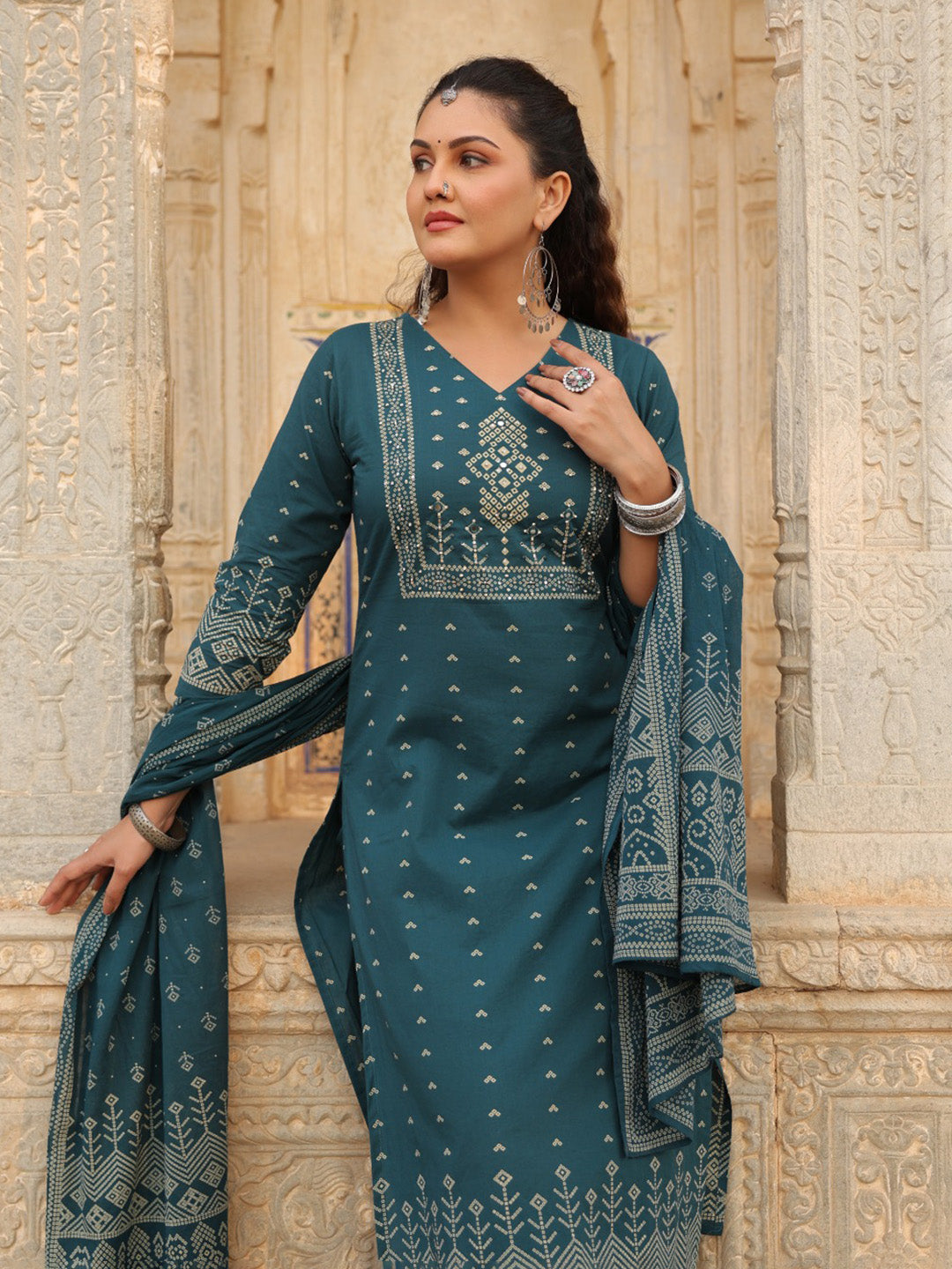 Navy Blue Cotton Blend Printed Straight Suit Set