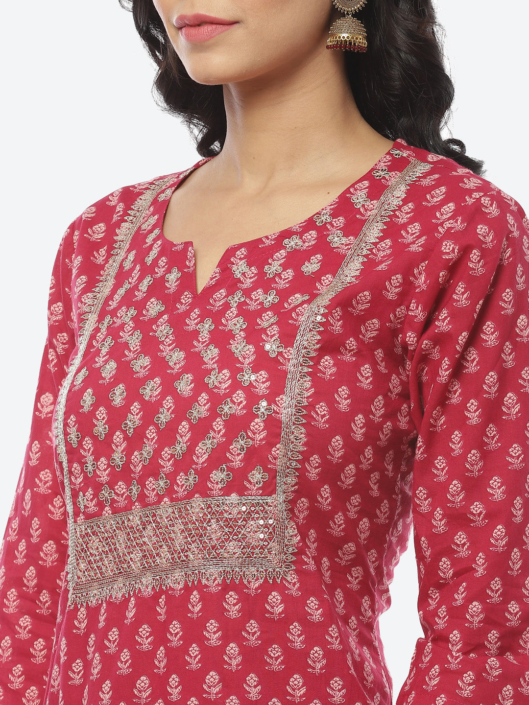 Printed Zari Neck Cotton Kurti With Pant