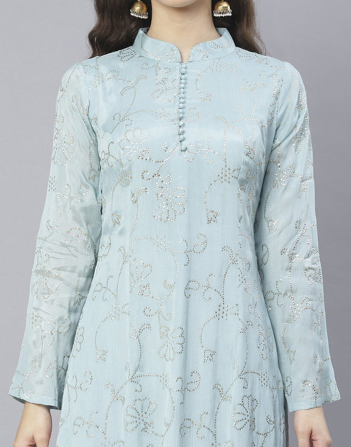 Aqua Blue and Pink Art Crepe Salwar Kameez