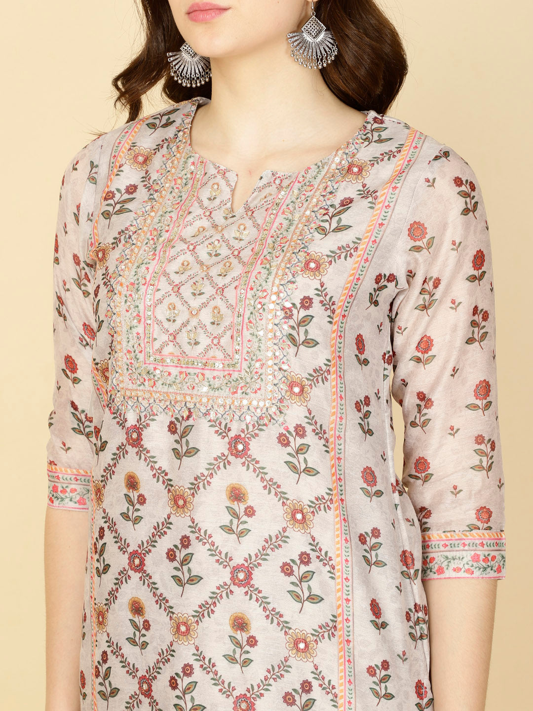Floral Printed Chanderi Kurta With Pants &amp; Dupatta