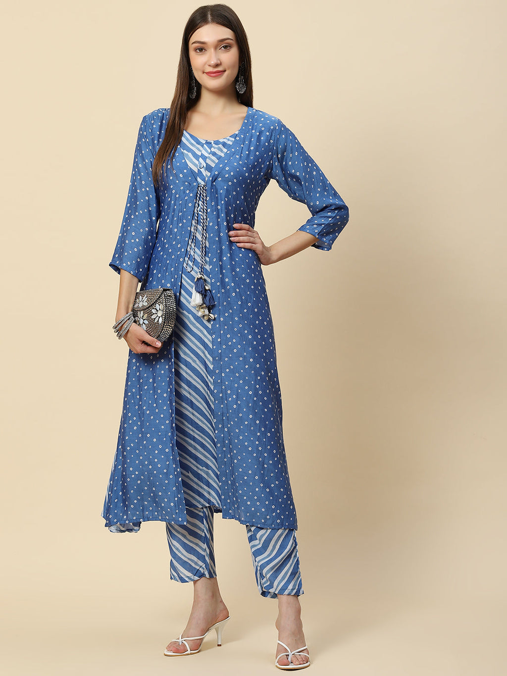Leheriya Printed Muslin Kurta With Pants & Jacket