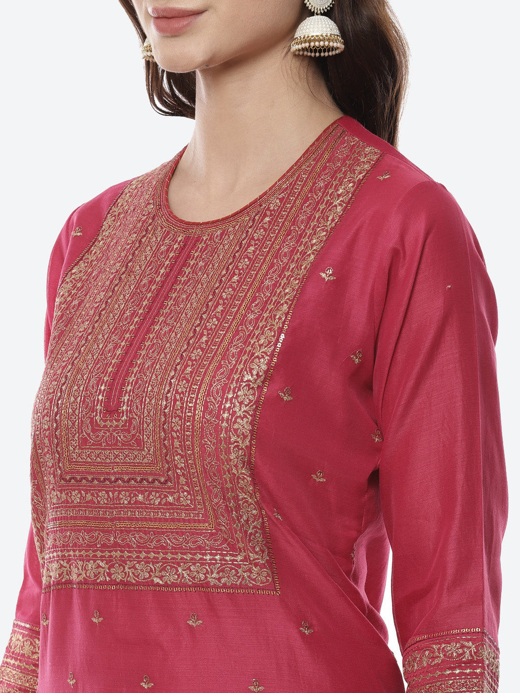 Zari Work Embroidered Chanderi Kurti With Palazzo