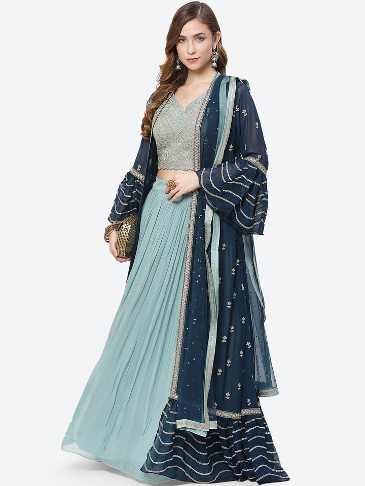 Mirror Work Georgette Jacket With Lehenga Choli And Net Dupatta