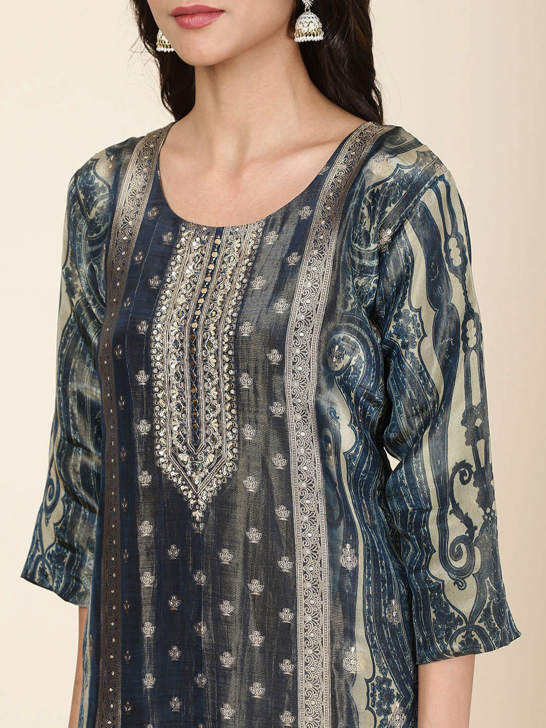 Neck Embroidery Tissue Kurta With Pants &amp; Dupatta