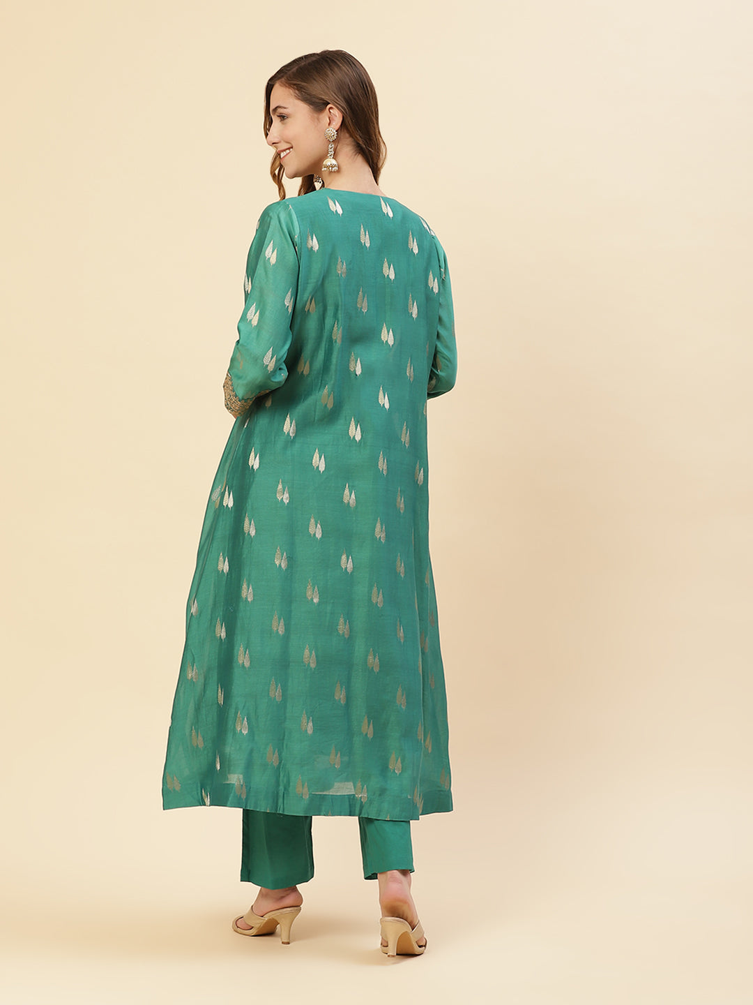 Embroidered Chanderi Kurti With Jacket And Pant