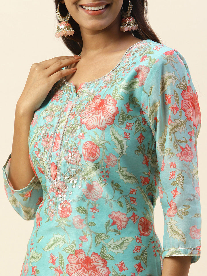 Printed &amp; Yoke Embroidered Chanderi Kurta With Pants